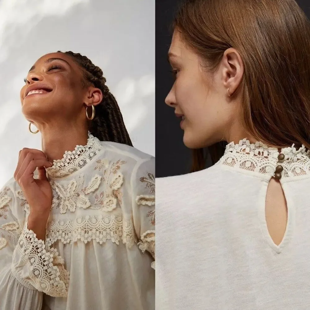Anthropologie Jemma Cream Crochet Lace Romantic Blouse Size M NEW